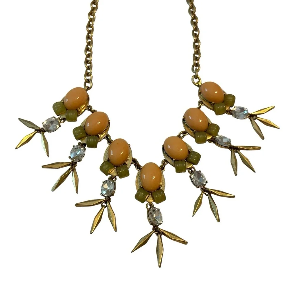 J.Crew Statement Bib Necklace Peach Cabochon Crystal Gold Tone Leaf Dangle